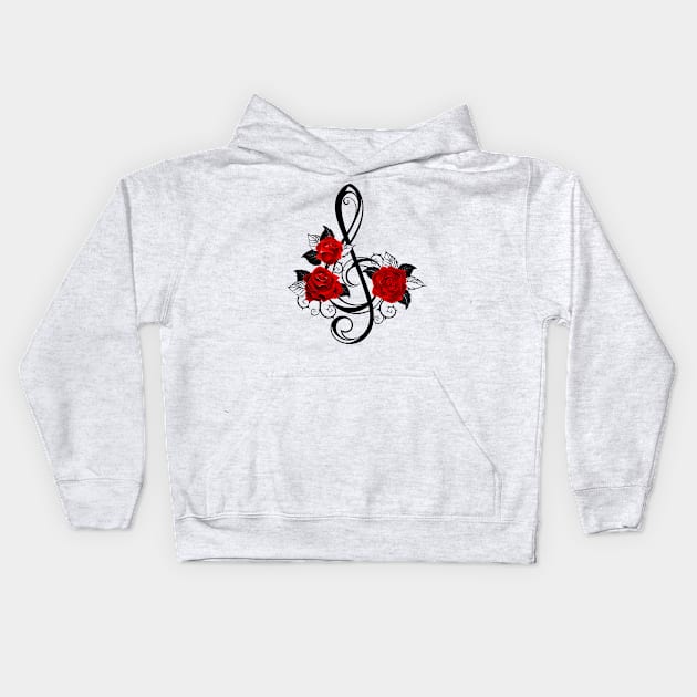 Black Musical Key with Red Roses Kids Hoodie by Blackmoon9